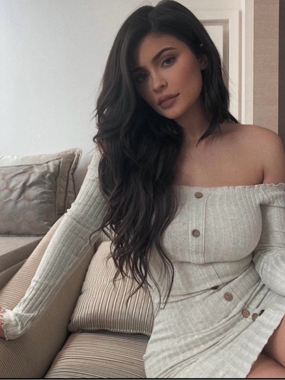 Fashion Nova Cream Off-the-Shoulder Ribbed Button Sweater Dress